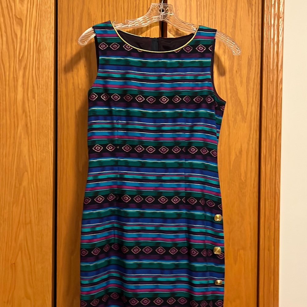 Vintage Petite Sophisticate Sheath Dress in Aztec Print Size 4P.